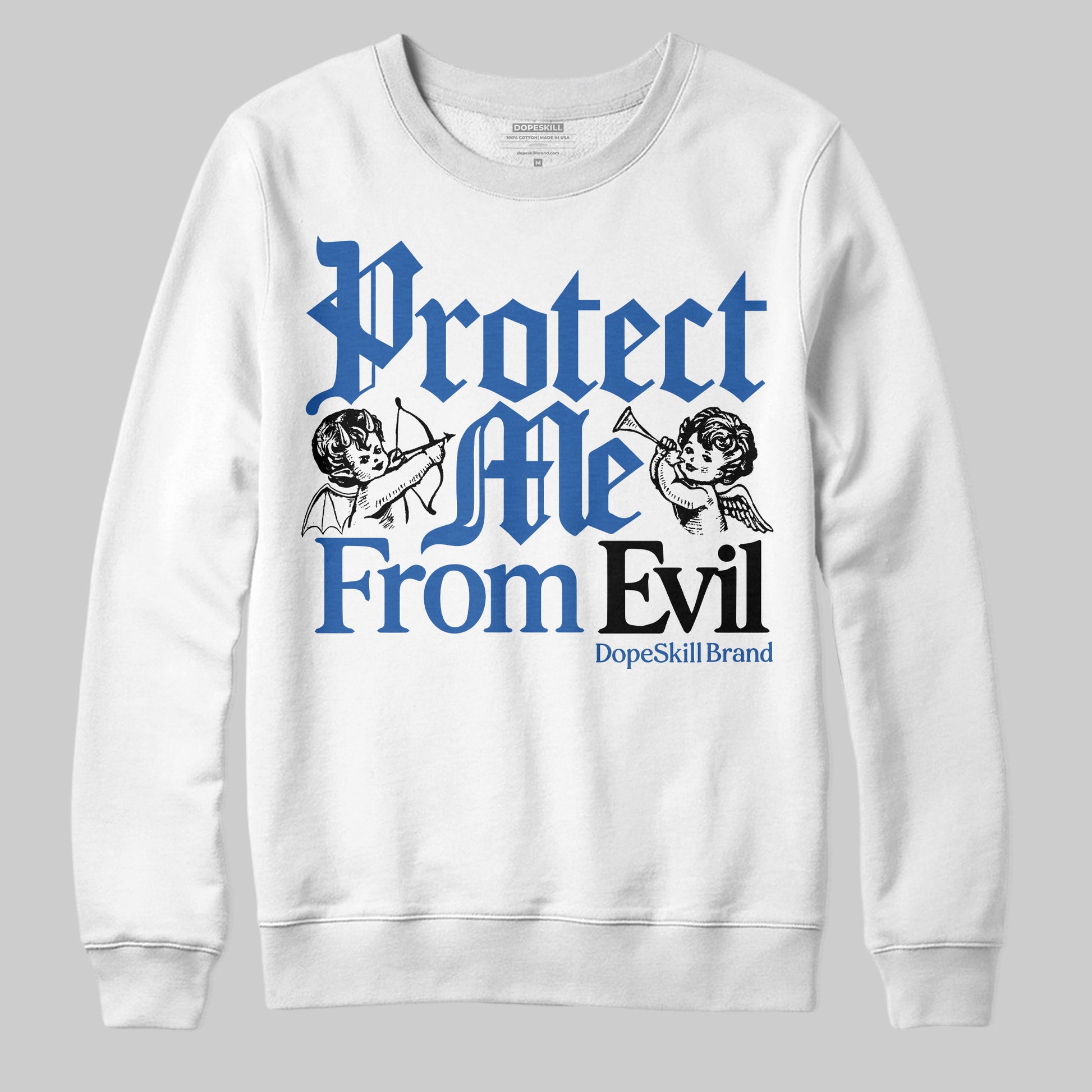 Jordan 12 “Blueberry” DopeSkill Sweatshirt Protect Me From Evil Graphic Streetwear - White