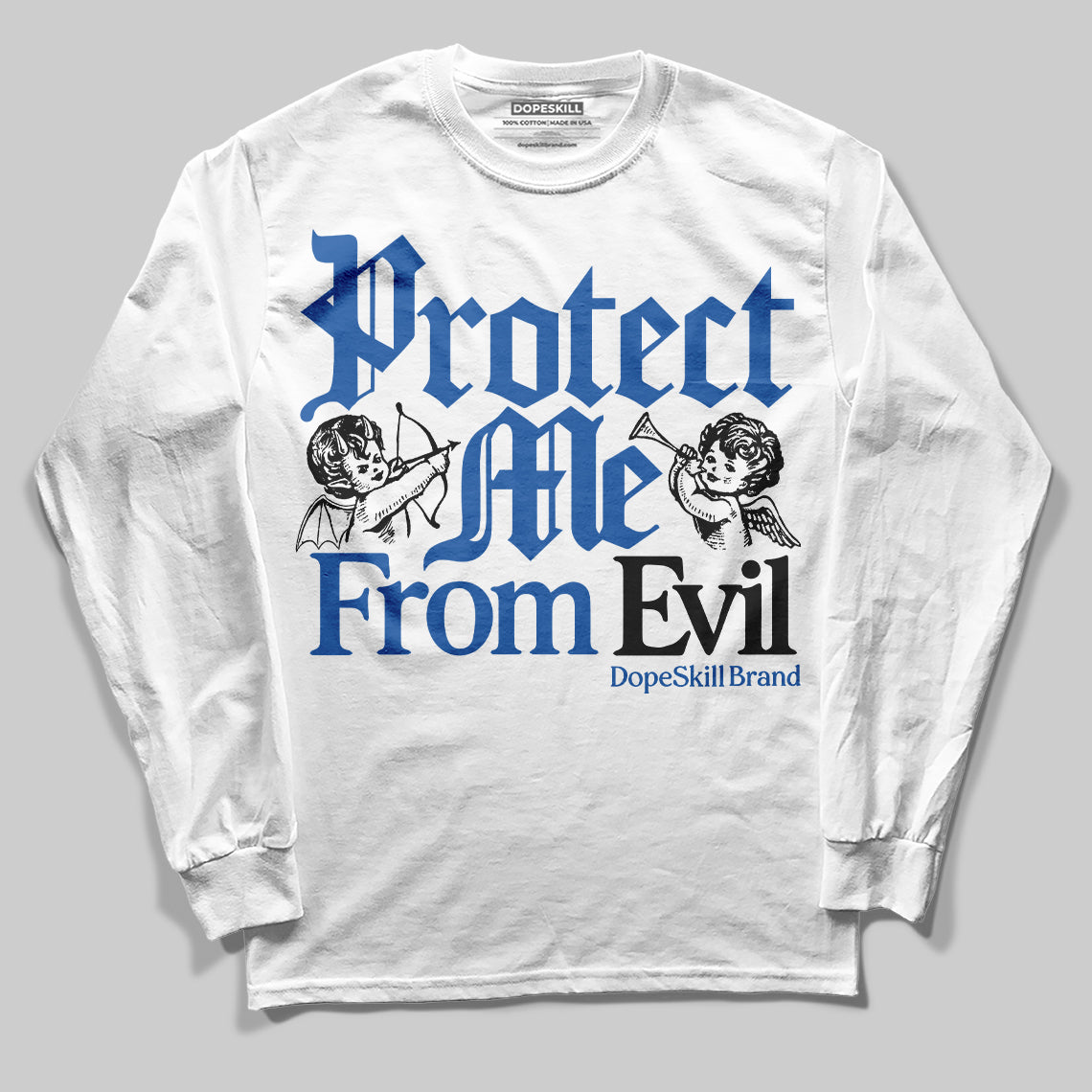 Jordan 12 “Blueberry” DopeSkill Long Sleeve T-Shirt Protect Me From Evil Graphic Streetwear - White