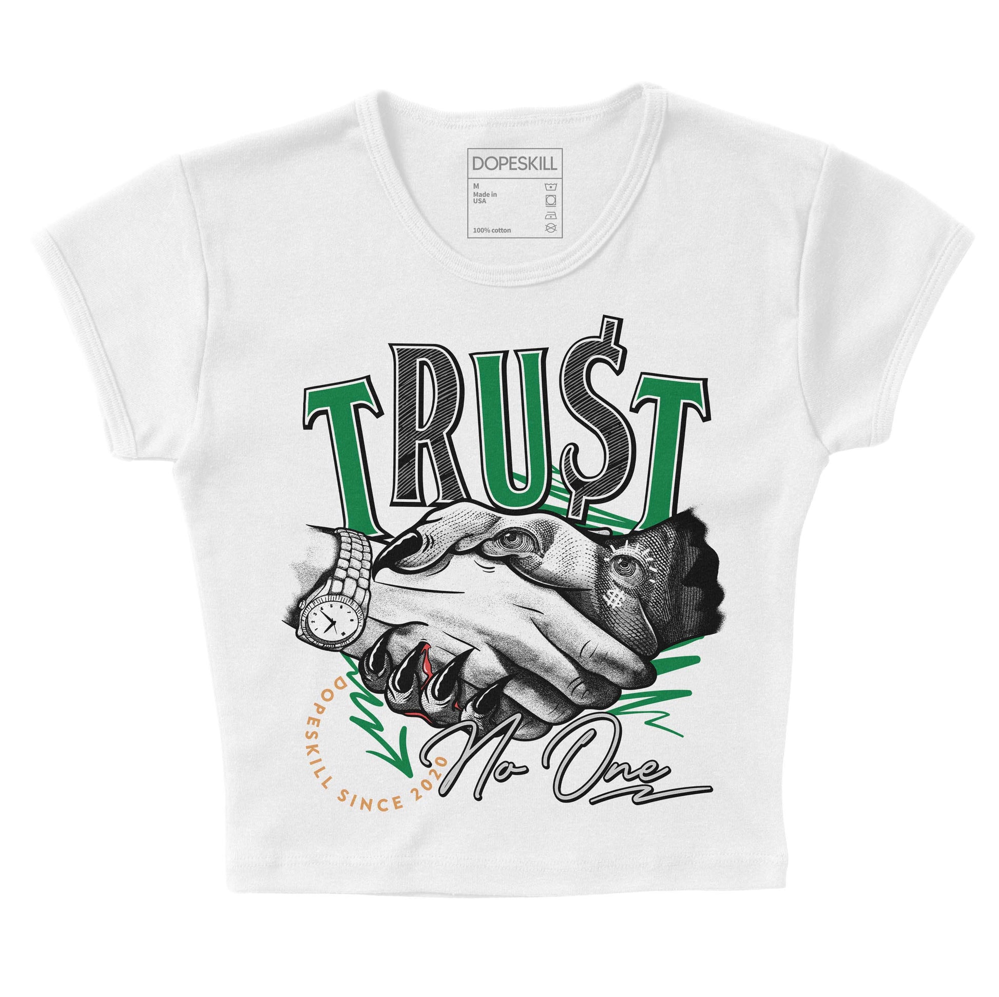 Nike SB x Jordan 4 “Pine Green” DopeSkill Women's Crop Top Trust No One Graphic Streetwear - White 