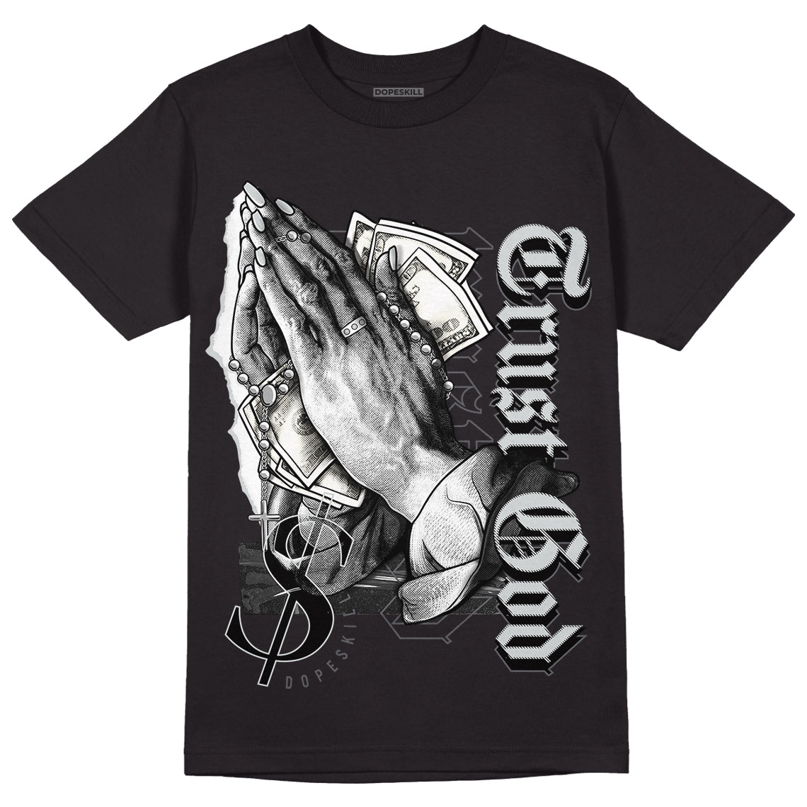 Jordan 1 Retro Low OG Black Cement DopeSkill T-Shirt Trust God Graphic Streetwear - Black