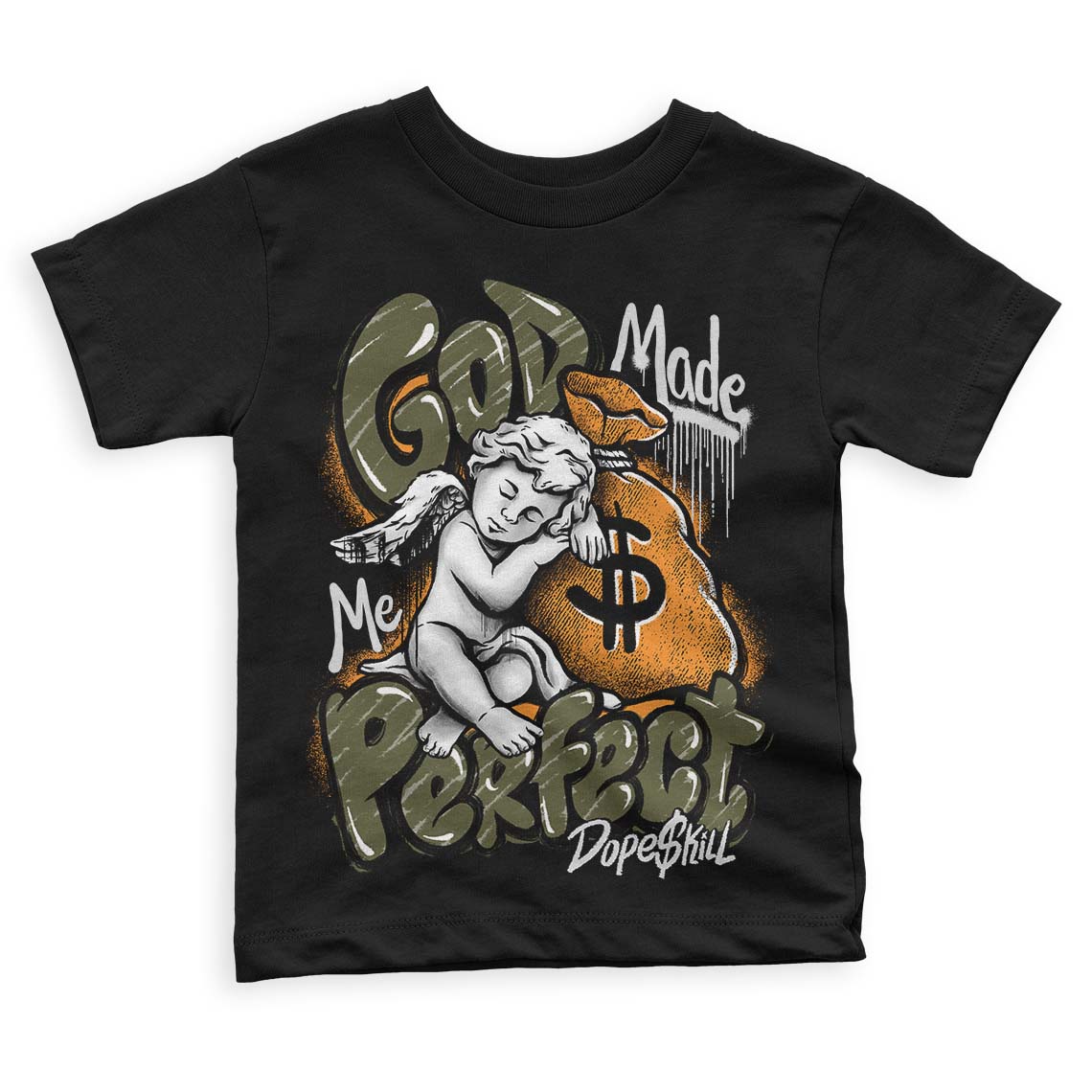 Jordan 5 "Olive" DopeSkill Toddler Kids T-shirt God Made Me Perfect Graphic Streetwear - Black