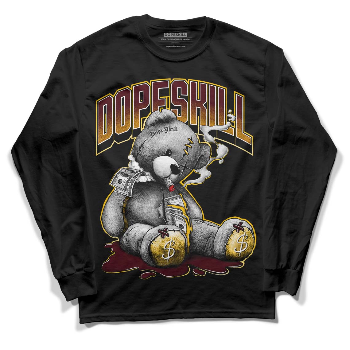 Dunk Yellow Bordeaux DopeSkill Long Sleeve T-Shirt Sick Bear Graphic Streetwear - black