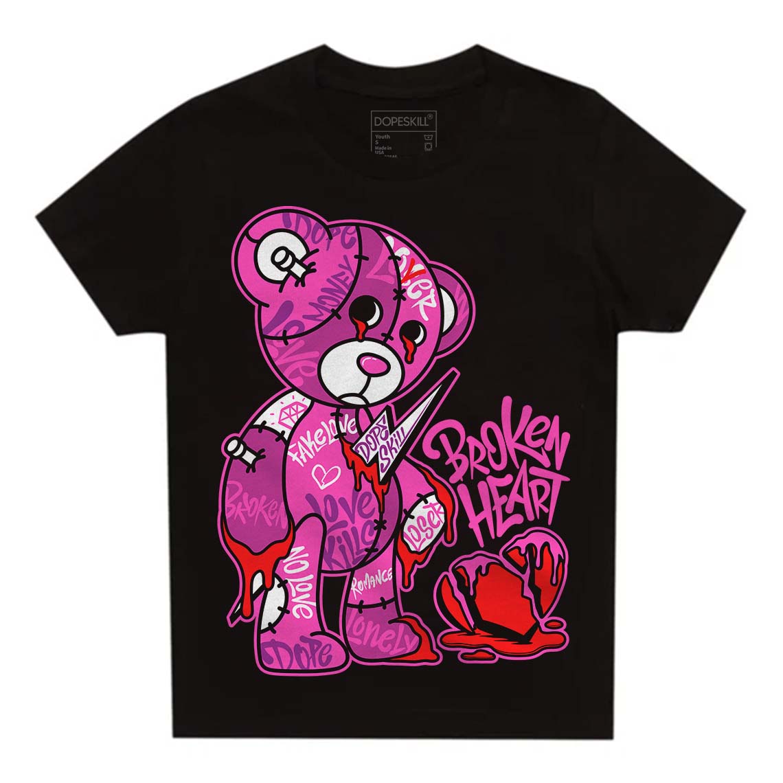 Jordan 4 GS “Hyper Violet” DopeSkill Toddler Kids T-shirt Broken Heart Graphic Streetwear - Black