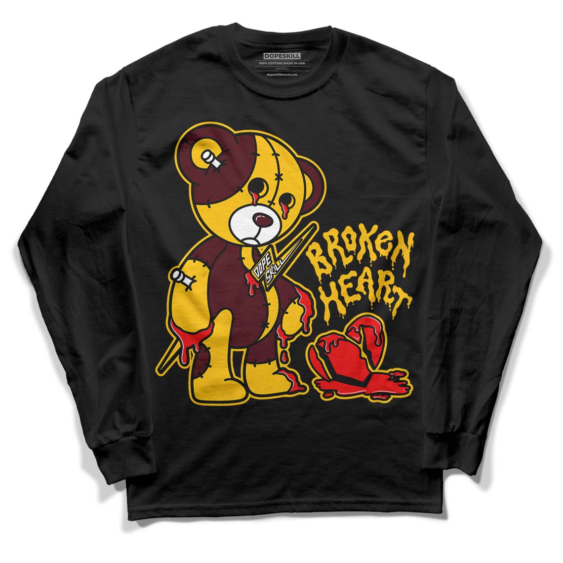 Dunk Yellow Bordeaux DopeSkill Long Sleeve T-Shirt Broken Heart Graphic Streetwear - Black