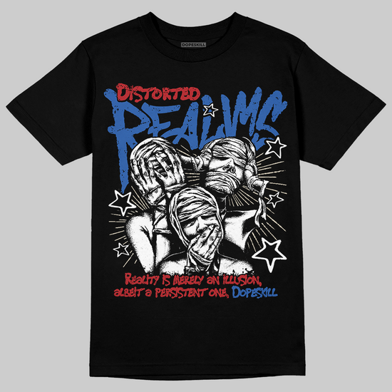 Fragment x UNION x Jordan 1 High OG “Varsity Red/Sport Royal” DopeSkill T-Shirt Distorted Realms Graphic Streetwear - Black