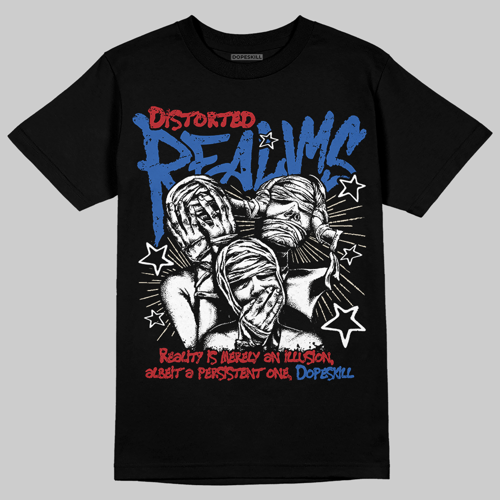 Fragment x UNION x Jordan 1 High OG “Varsity Red/Sport Royal” DopeSkill T-Shirt Distorted Realms Graphic Streetwear - Black