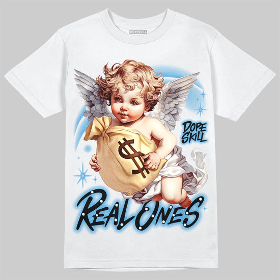 Jordan 14 Black and University Blue DopeSkill T-Shirt Real Ones Angel Graphic Streetwear - White