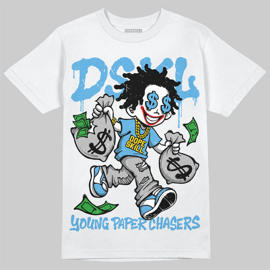Jordan 14 Black and University Blue DopeSkill T-Shirt Young Paper Chasers Graphic Streetwear - White