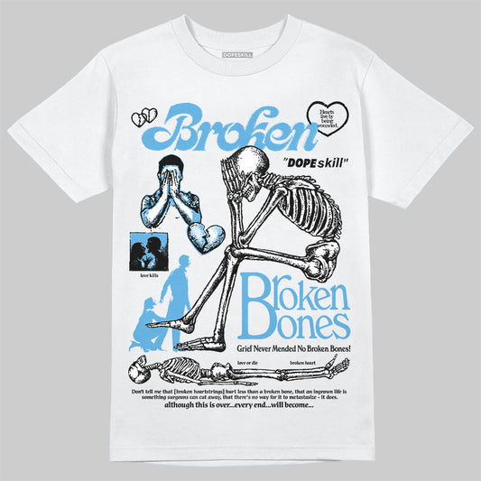 Jordan 14 Retro Black and University Blue DopeSkill T-Shirt Broken Bones Graphic Streetwear - White