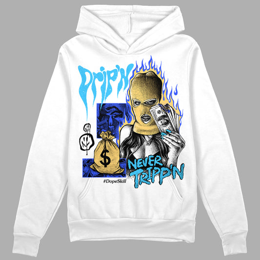 Jordan 13 Retro University Blue DopeSkill Hoodie Sweatshirt Drip'n Never Tripp'n Graphic Streetwear - White