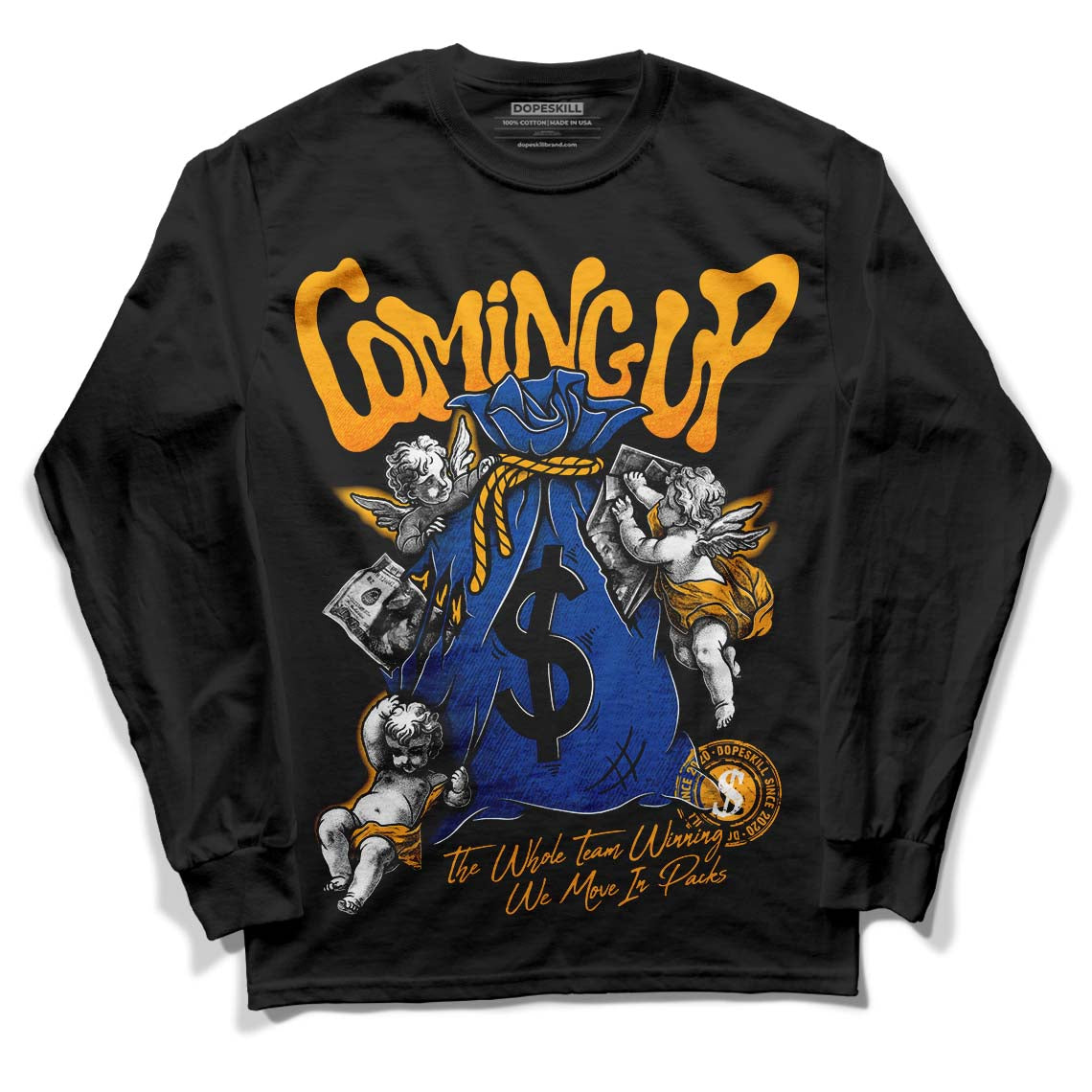 Dunk Blue Jay and University Gold DopeSkill Long Sleeve T-Shirt Money Bag Coming Up Graphic Streetwear - Black