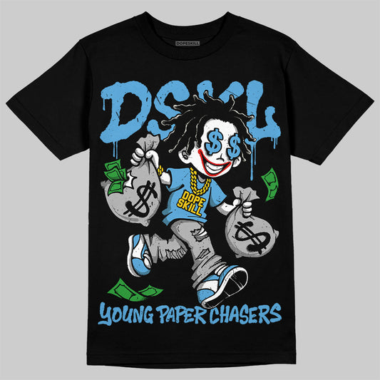 Jordan 14 Black and University Blue DopeSkill T-Shirt Young Paper Chasers Graphic Streetwear - black