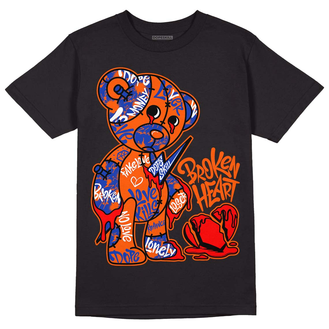 Dunk Low Futura Orange Blaze DopeSkill T-Shirt Broken Heart Graphic Streetwear - Black