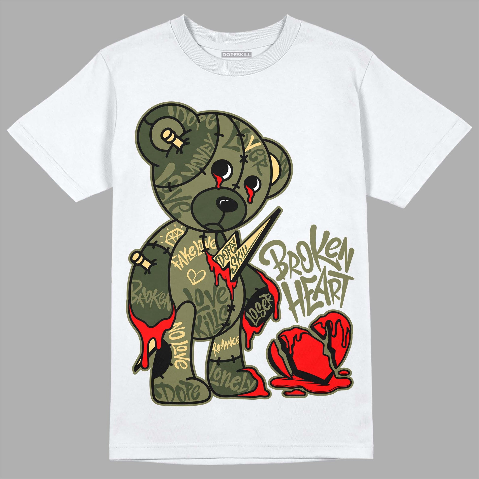 Jordan 4 Retro SE Craft Medium Olive DopeSkill T-Shirt Broken Heart Graphic Streetwear - White