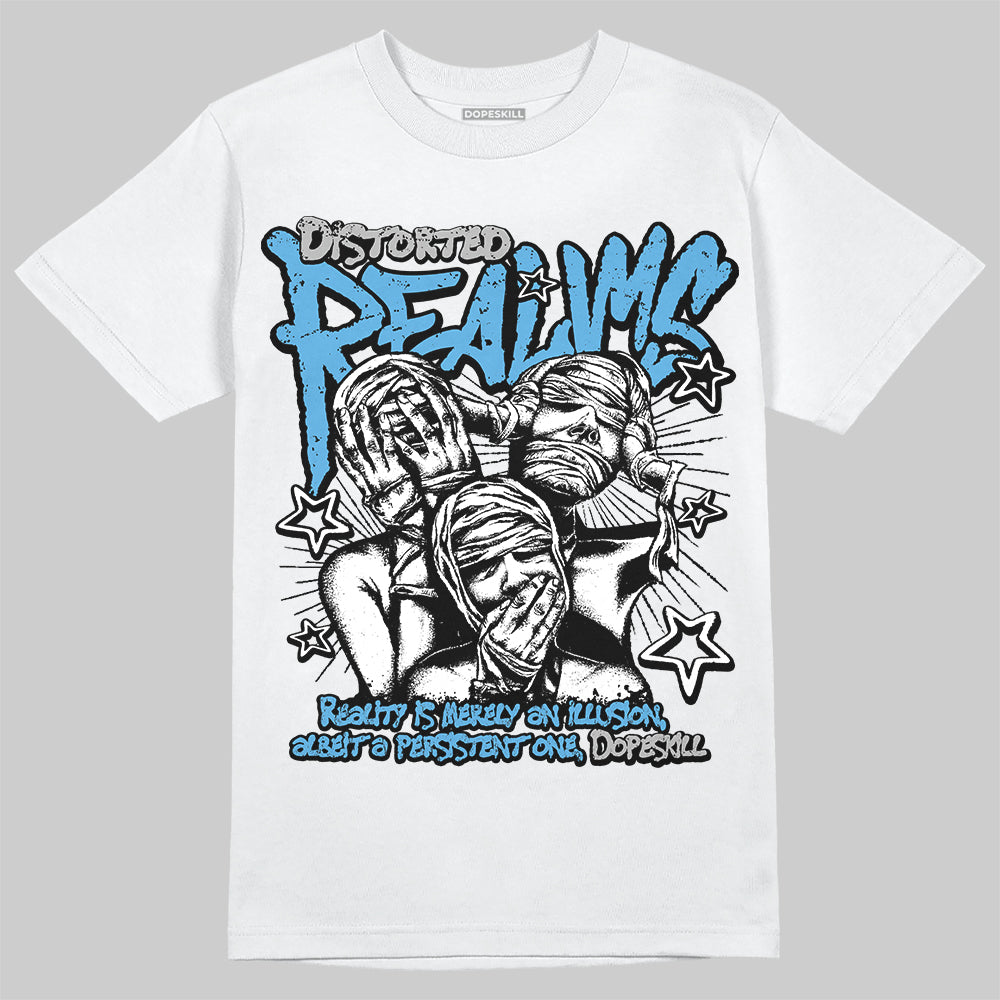 Jordan 14 Retro Black and University Blue DopeSkill T-Shirt Distorted Realms Graphic Streetwear - White