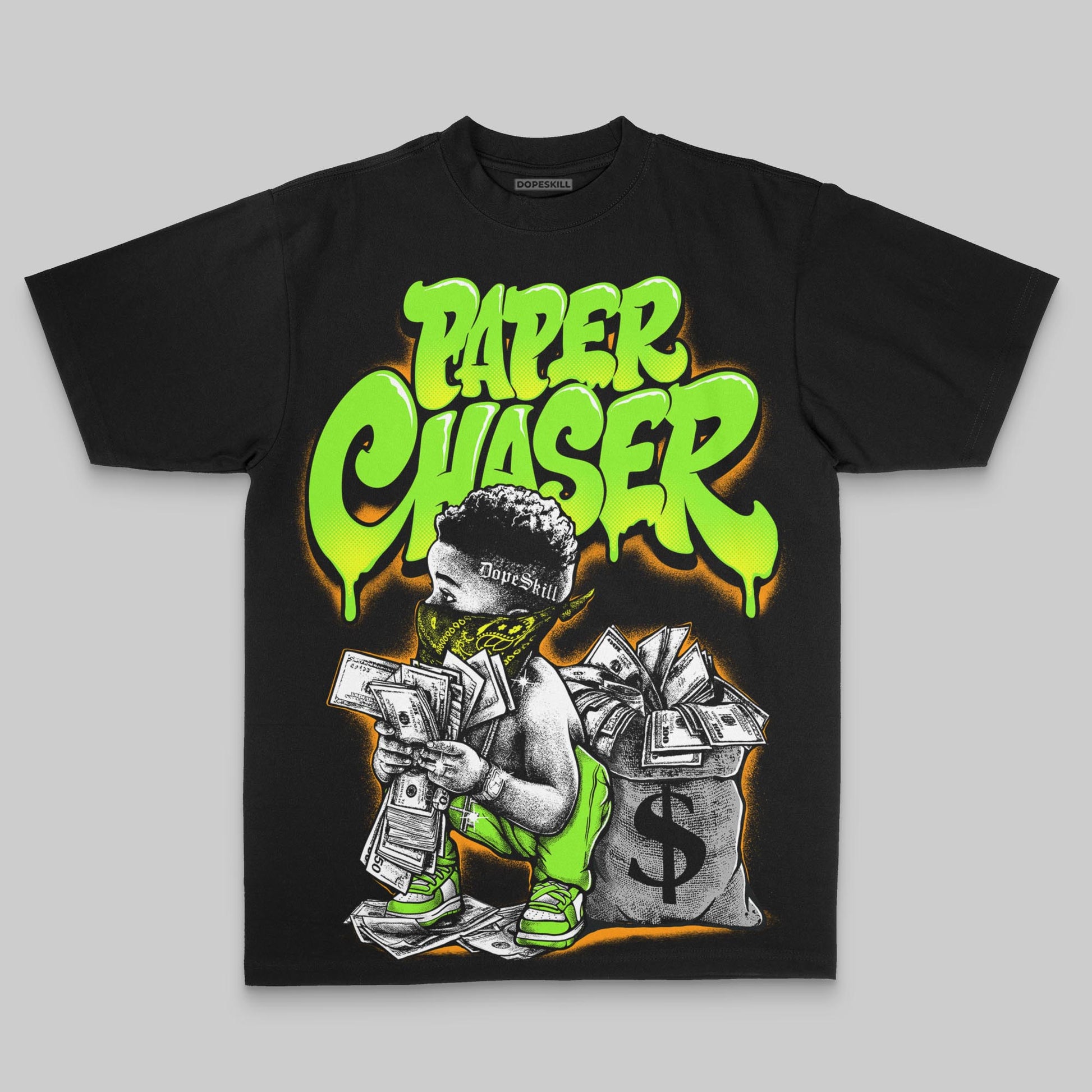 Neon Green Oversize Print Paper Chaser Boy DopeSkill Graphic T-shirt Streetwear - black