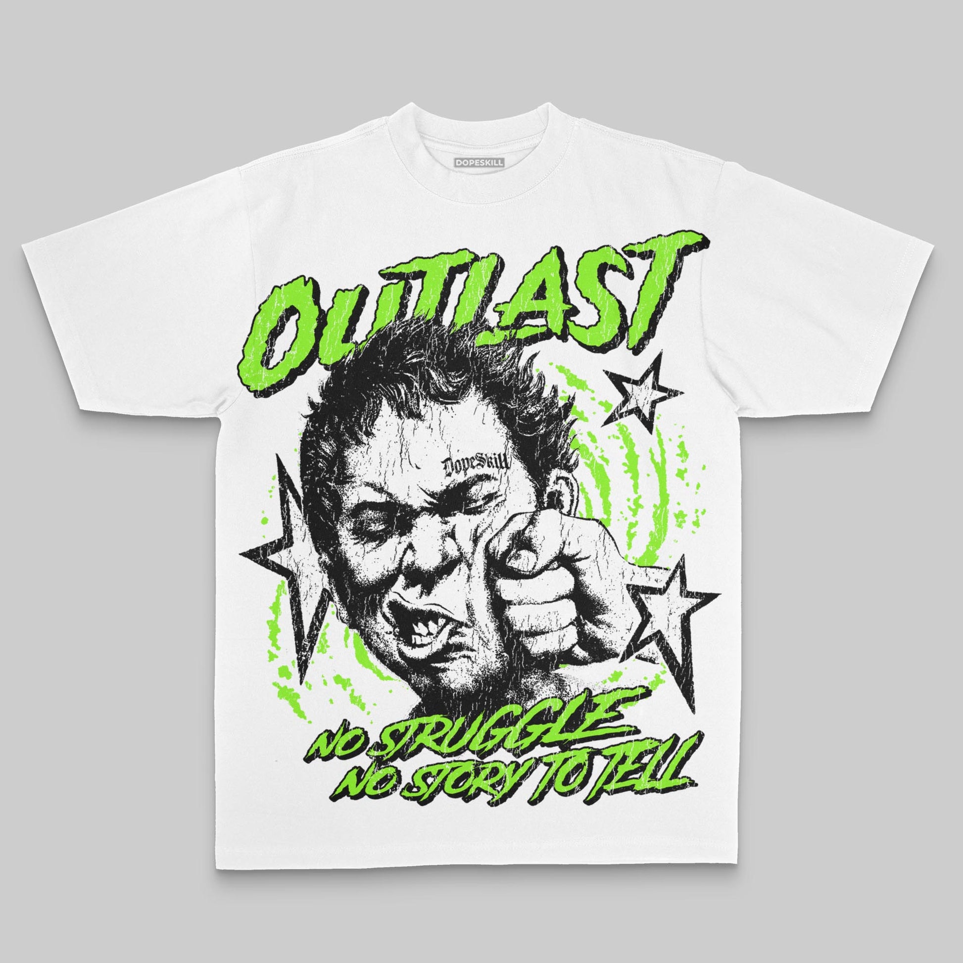 Neon Green Oversize Print Outlast DopeSkill Graphic T-shirt Streetwear - White 