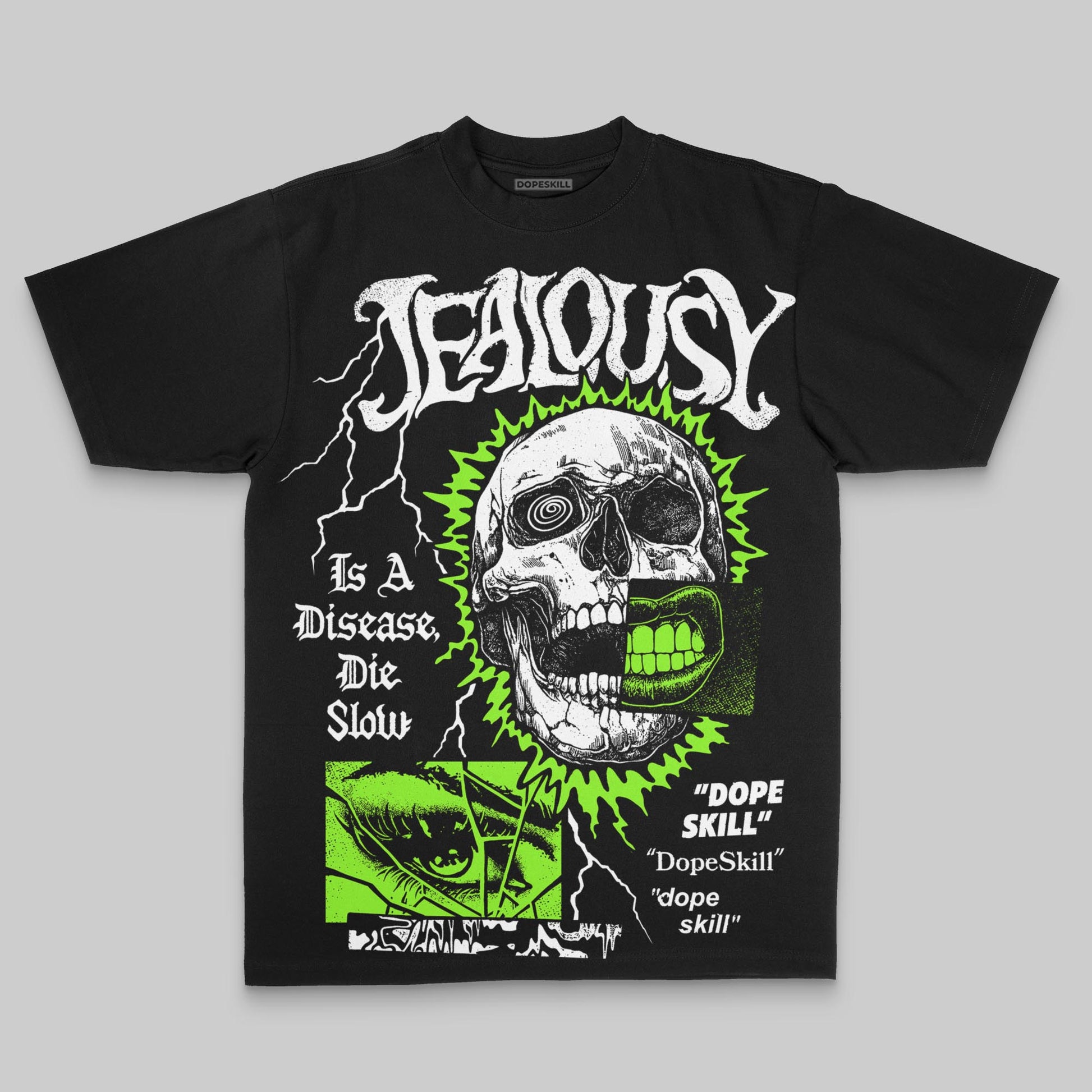 Neon Green Oversize Print Jealousy DopeSkill Graphic T-shirt Streetwear - Black