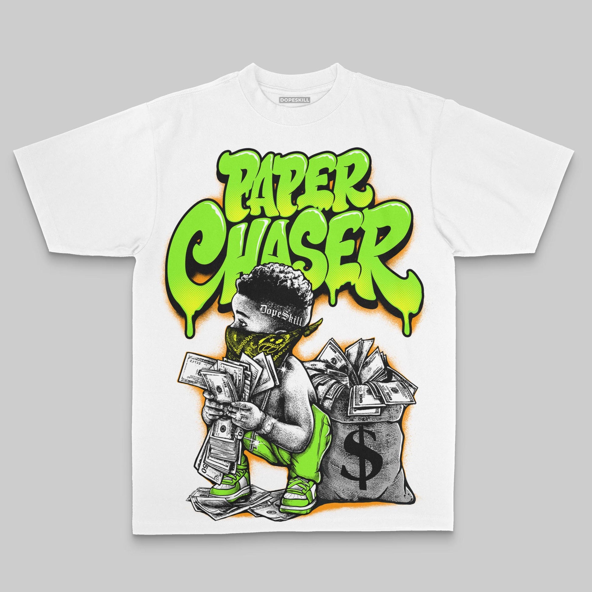 Neon Green Oversize Print Paper Chaser Boy DopeSkill Graphic T-shirt Streetwear - White