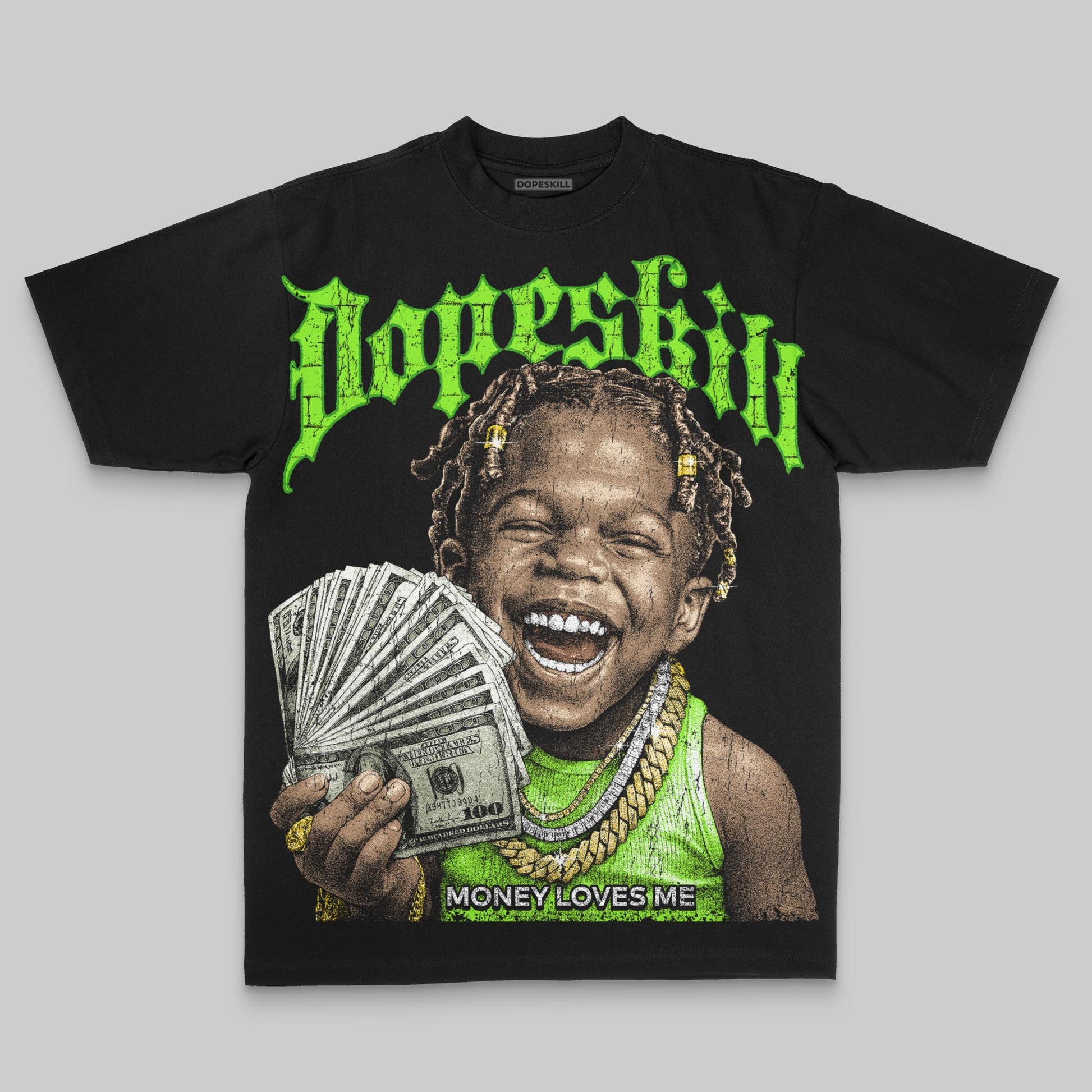 Neon Green Oversize Print Money Loves Me DopeSkill Graphic Premium T-shirt Streetwear - black