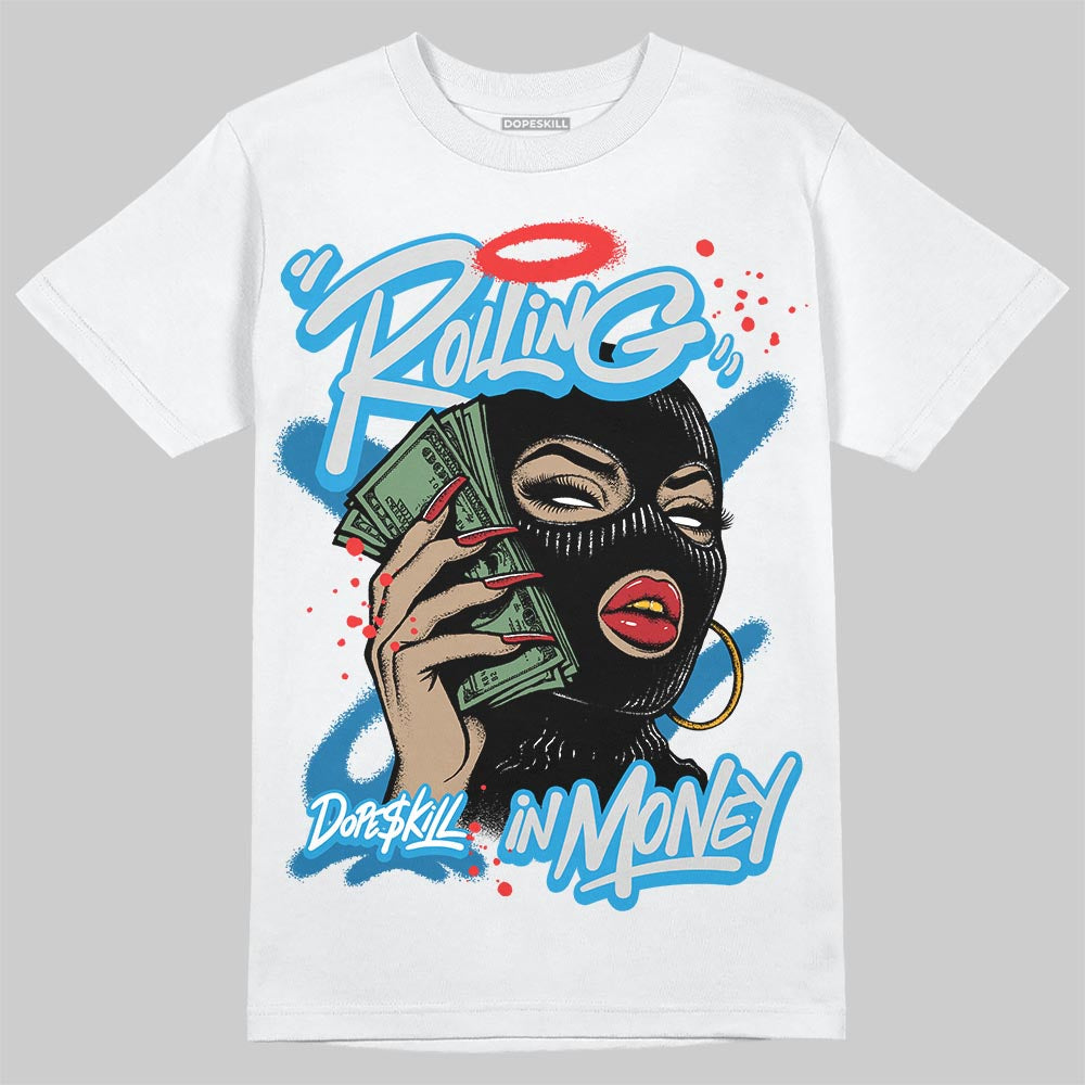 Jordan 4 Retro Military Blue DopeSkill T-Shirt Rolling in Money Graphic Streetwear - White