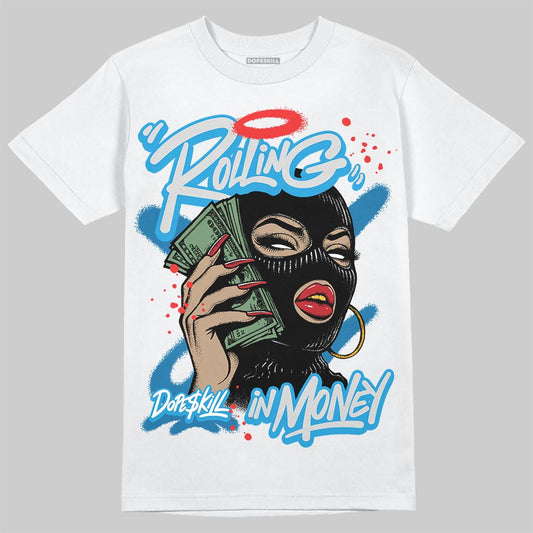 Jordan 4 Retro Military Blue DopeSkill T-Shirt Rolling in Money Graphic Streetwear - White