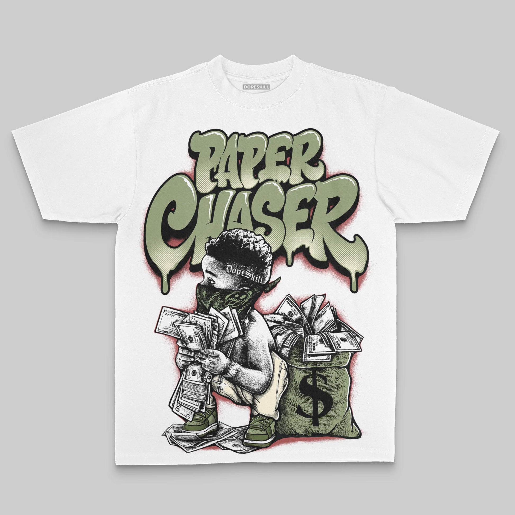 Olive Oversize Print Paper Chaser Boy DopeSkill Graphic T-shirt Streetwear - White