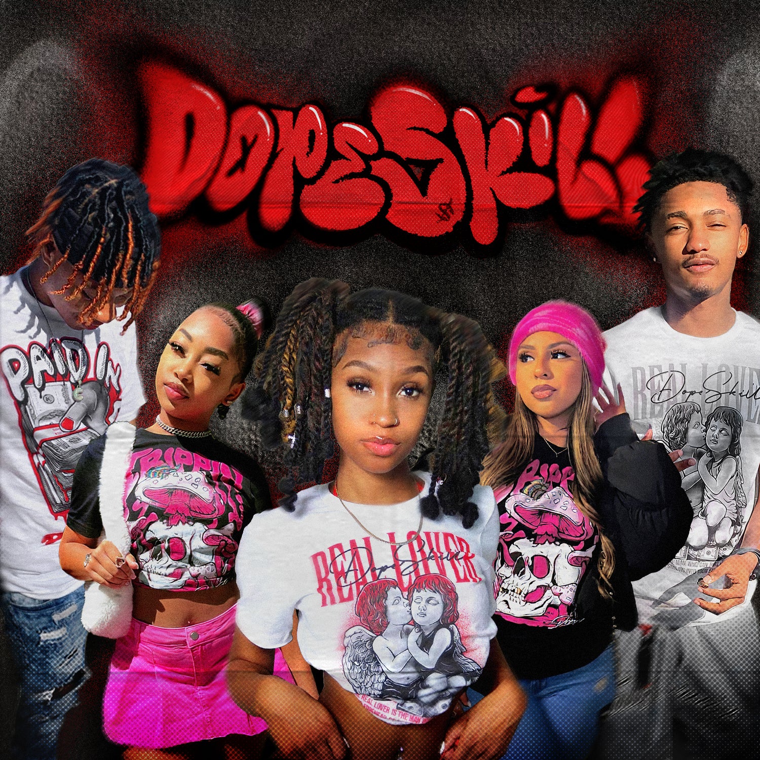 DopeSkill lifestyle banner showing Real Lover graphic shirts and hoodies styled in an urban streetwear look.