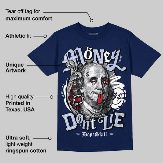 White and Midnight Navy 6s DopeSkill Navy T-shirt Money Don't Lie Graphic