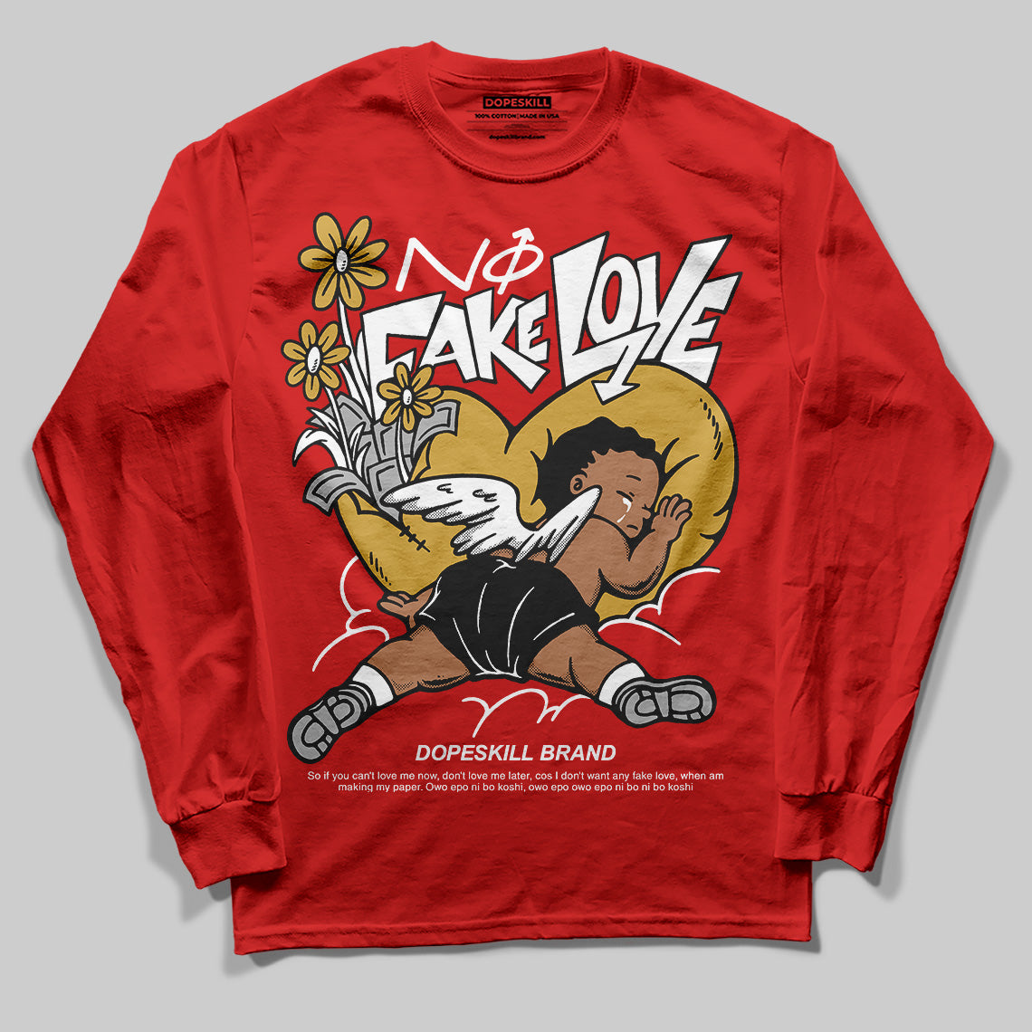 Jordan 11 “Bred Velvet” DopeSkill Red Long Sleeve T-Shirt No Fake Love Graphic Streetwear