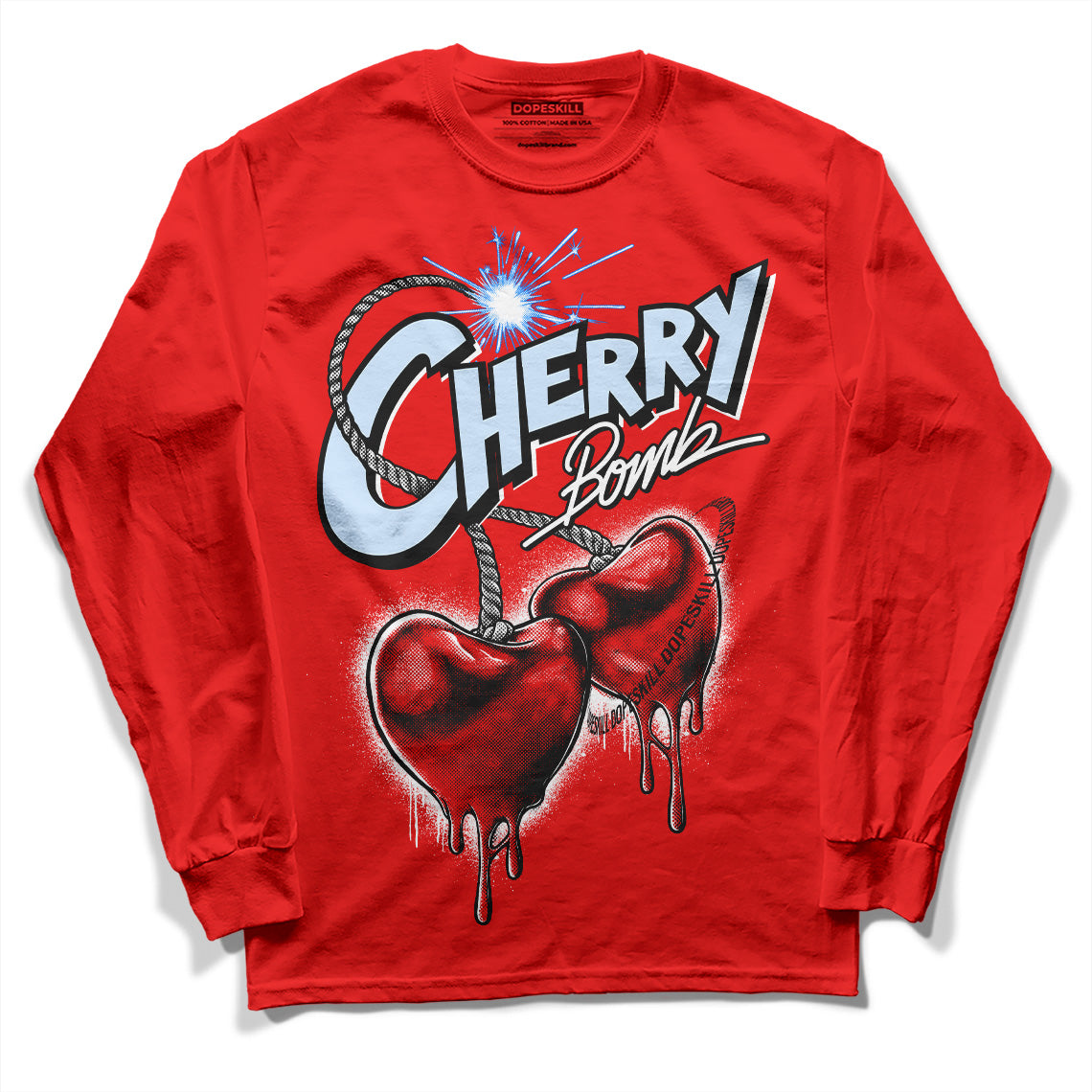 Jordan 11 Retro Cherry DopeSkill Varsity Red Long Sleeve T-Shirt Cherry Bomb Graphic Streetwear 