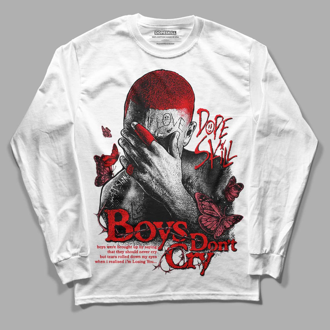 Jordan 4 Red Thunder’ DopeSkill Long Sleeve T-Shirt Boys Don't Cry Graphic Streetwear - White