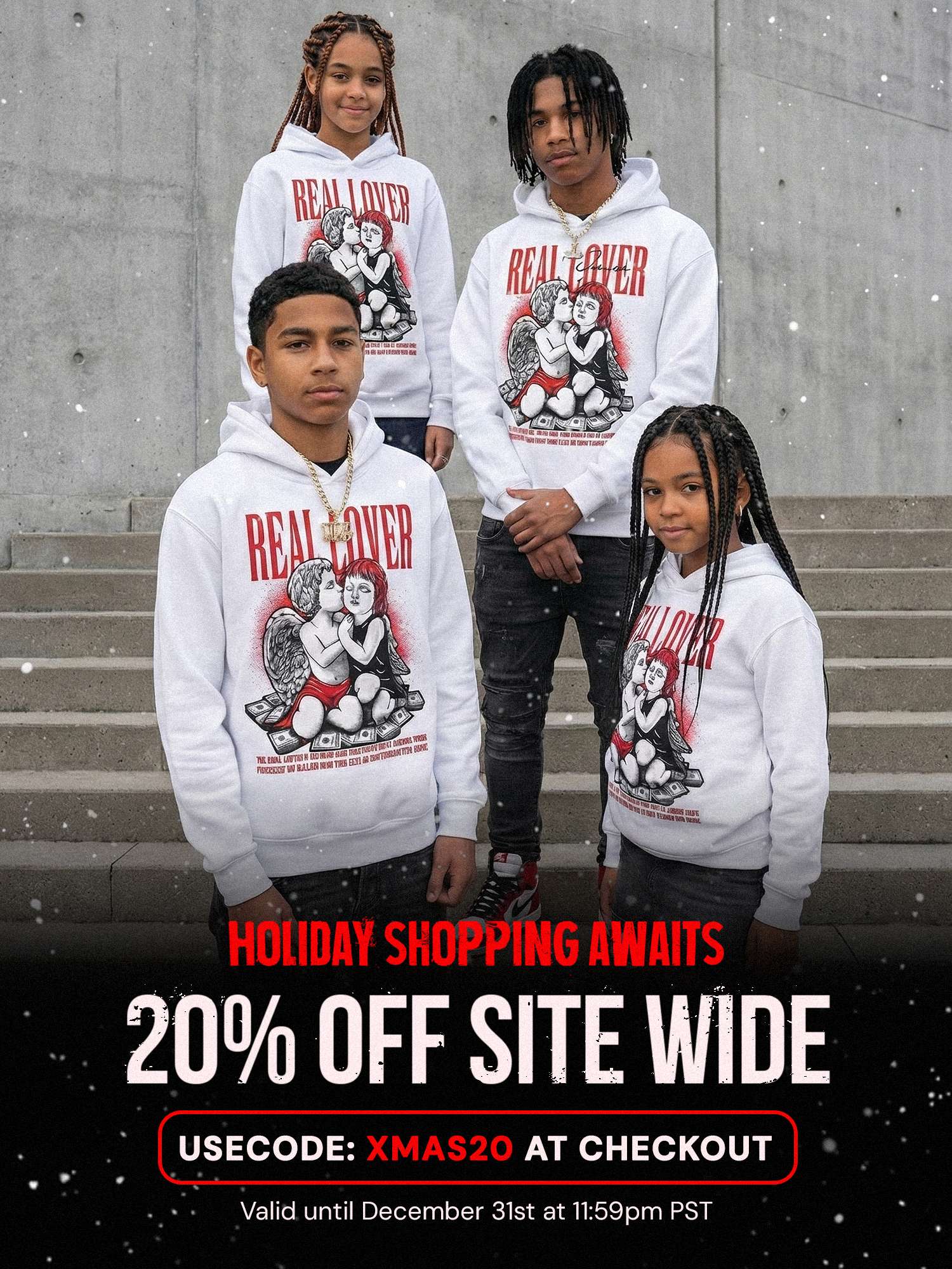 DopeSkill Christmas sale mobile banner showing matching Real Lover hoodies, advertising 20% off sitewide with code Xmas20 during the holiday season.