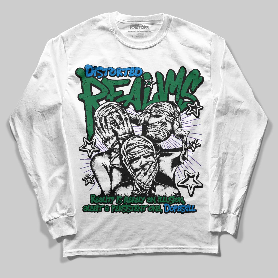 Jordan 12 Bucks DopeSkill Long Sleeve T-Shirt Distorted Realms Graphic Streetwear - White