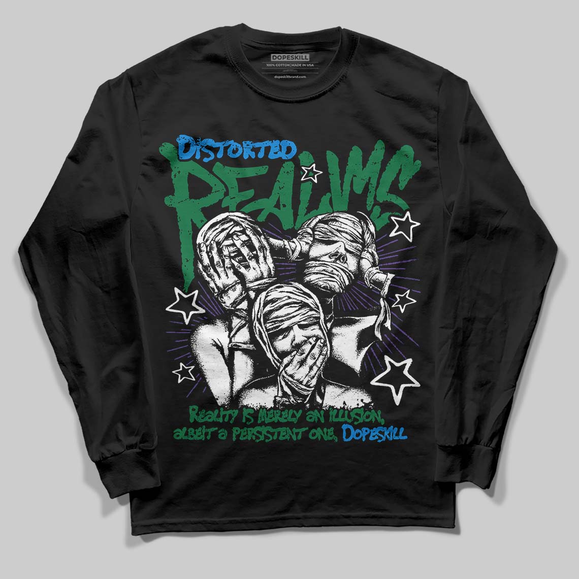 Jordan 12 Bucks DopeSkill Long Sleeve T-Shirt Distorted Realms Graphic Streetwear - Black