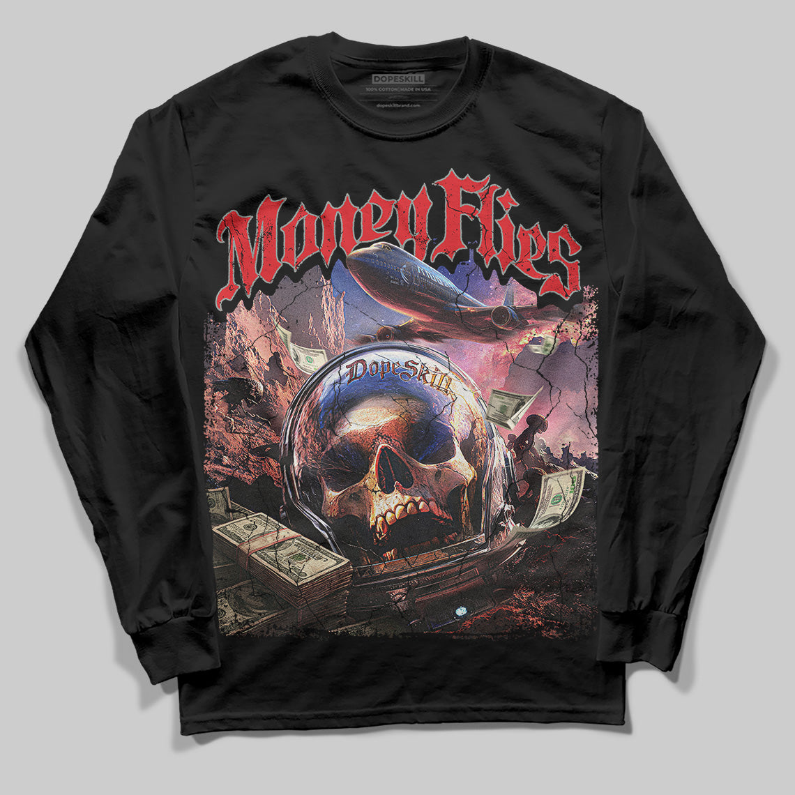 Jordan 4 Bred DopeSkill Long Sleeve T-shirt Money Flies Graphic Streetwear - Black