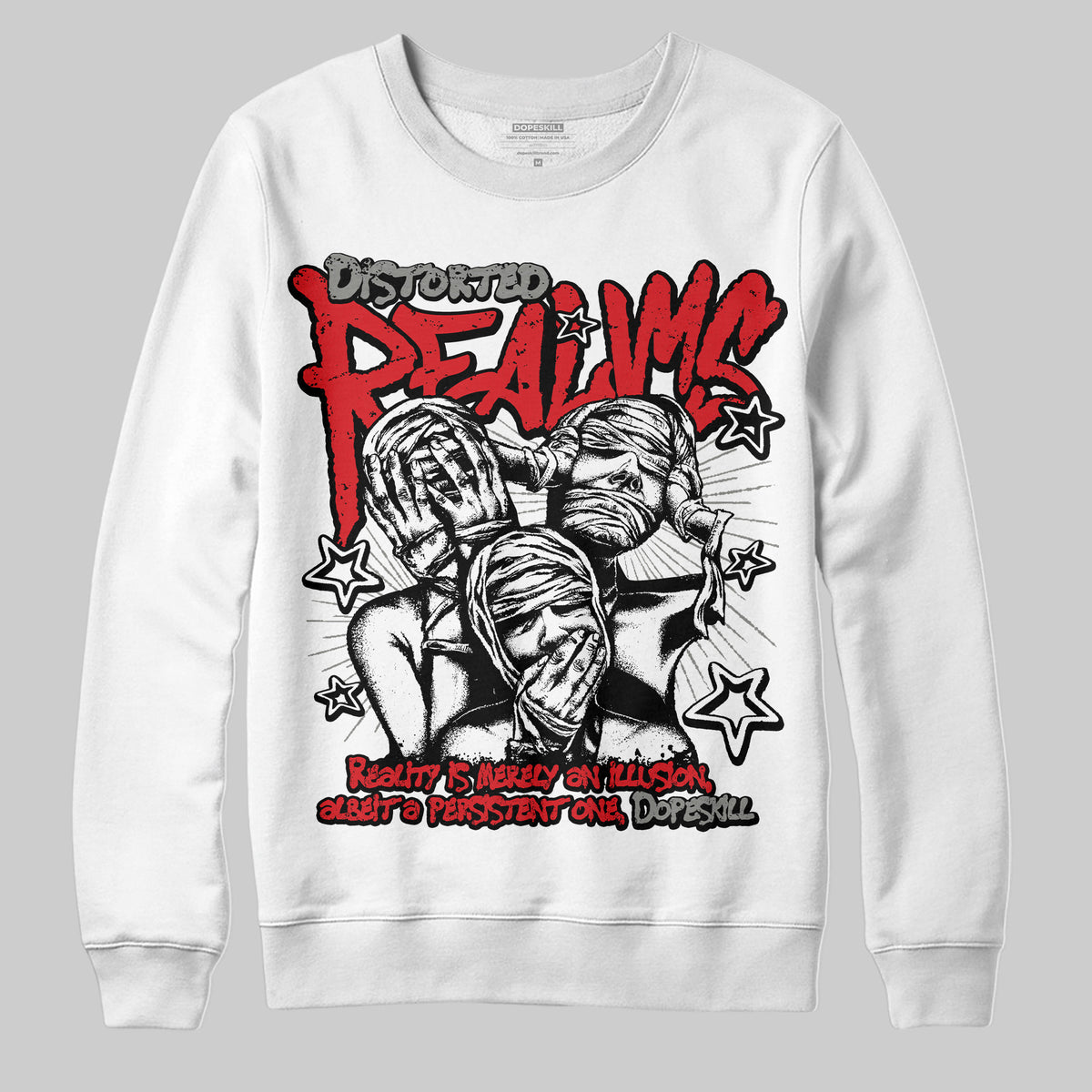 Jordan 4 Bred DopeSkill Sweatshirt Distorted Realms Graphic Streetwear - White 