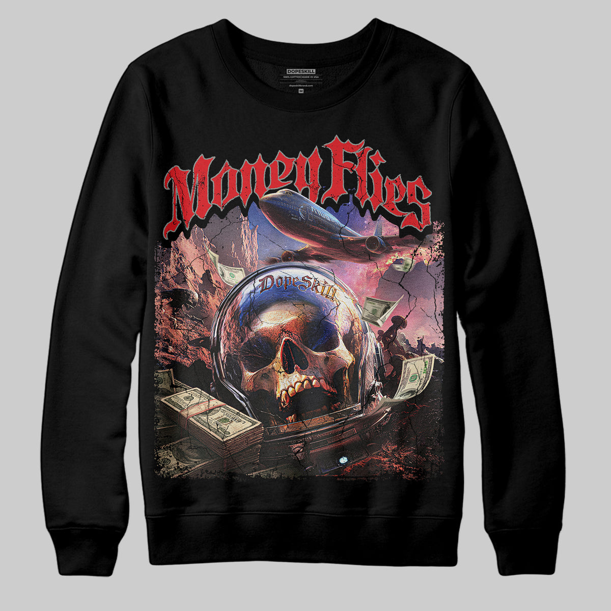 Jordan 4 Bred DopeSkill Sweatshirt Money Flies Graphic Streetwear - Black