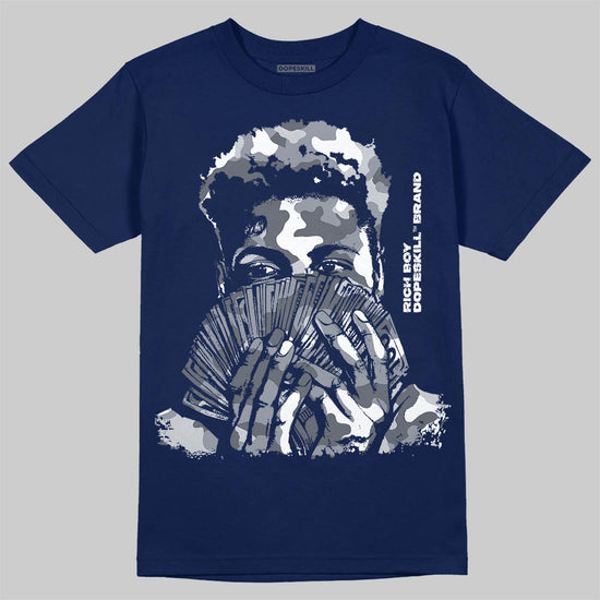 Jordan 13 Flint DopeSkill T-Shirt Rich Boy Camo Graphic Streetwear - Navy