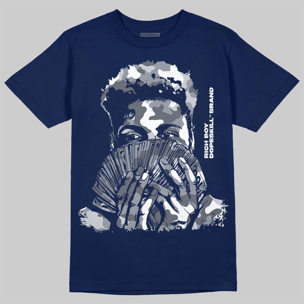 Jordan 13 Flint DopeSkill T-Shirt Rich Boy Camo Graphic Streetwear - Navy