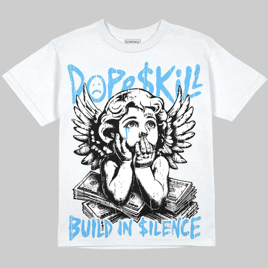 Jordan 14 Black and University Blue DopeSkill Oversize Print T-Shirt Build in Silence Graphic Streetwear - White