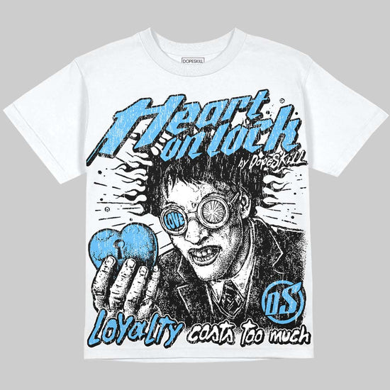 Jordan 14 Black and University Blue DopeSkill Oversize Print T-Shirt Heart On Lock Graphic Streetwear - White