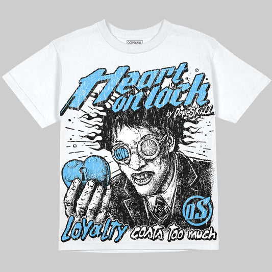 Jordan 14 Black and University Blue DopeSkill Oversize Print T-Shirt Heart On Lock Graphic Streetwear - White