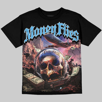 Jordan 14 Black and University Blue DopeSkill Oversize Print T-Shirt Money Flies Graphic Streetwear - black
