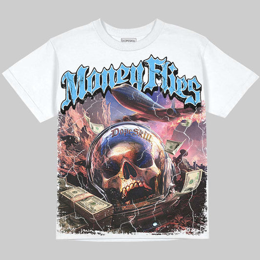 Jordan 14 Black and University Blue DopeSkill Oversize Print T-Shirt Money Flies Graphic Streetwear - White
