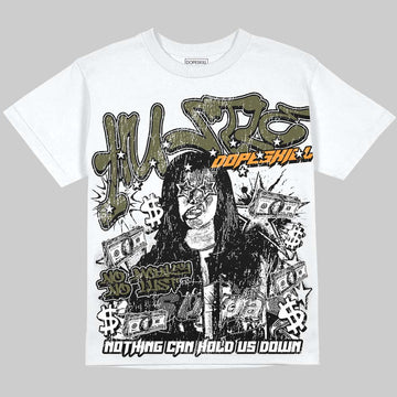 Jordan 5 Olive DopeSkill Oversize Print T-Shirt No Money No Lust Graphic Streetwear - White