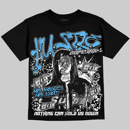 Jordan 14 Black and University Blue DopeSkill Oversize Print T-Shirt No Money No Lust Graphic Streetwear - Black