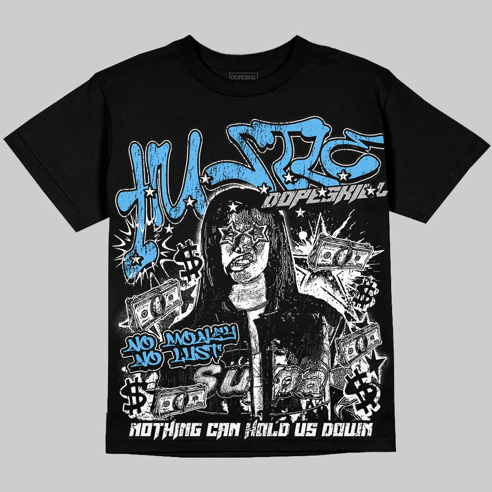 Jordan 14 Black and University Blue DopeSkill Oversize Print T-Shirt No Money No Lust Graphic Streetwear - Black