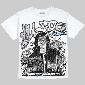Jordan 5 White Metallic DopeSkill Oversize Print T-Shirt No Money No Lust Graphic Streetwear - White