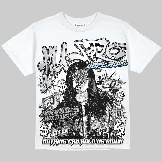 Jordan 5 White Metallic DopeSkill Oversize Print T-Shirt No Money No Lust Graphic Streetwear - White